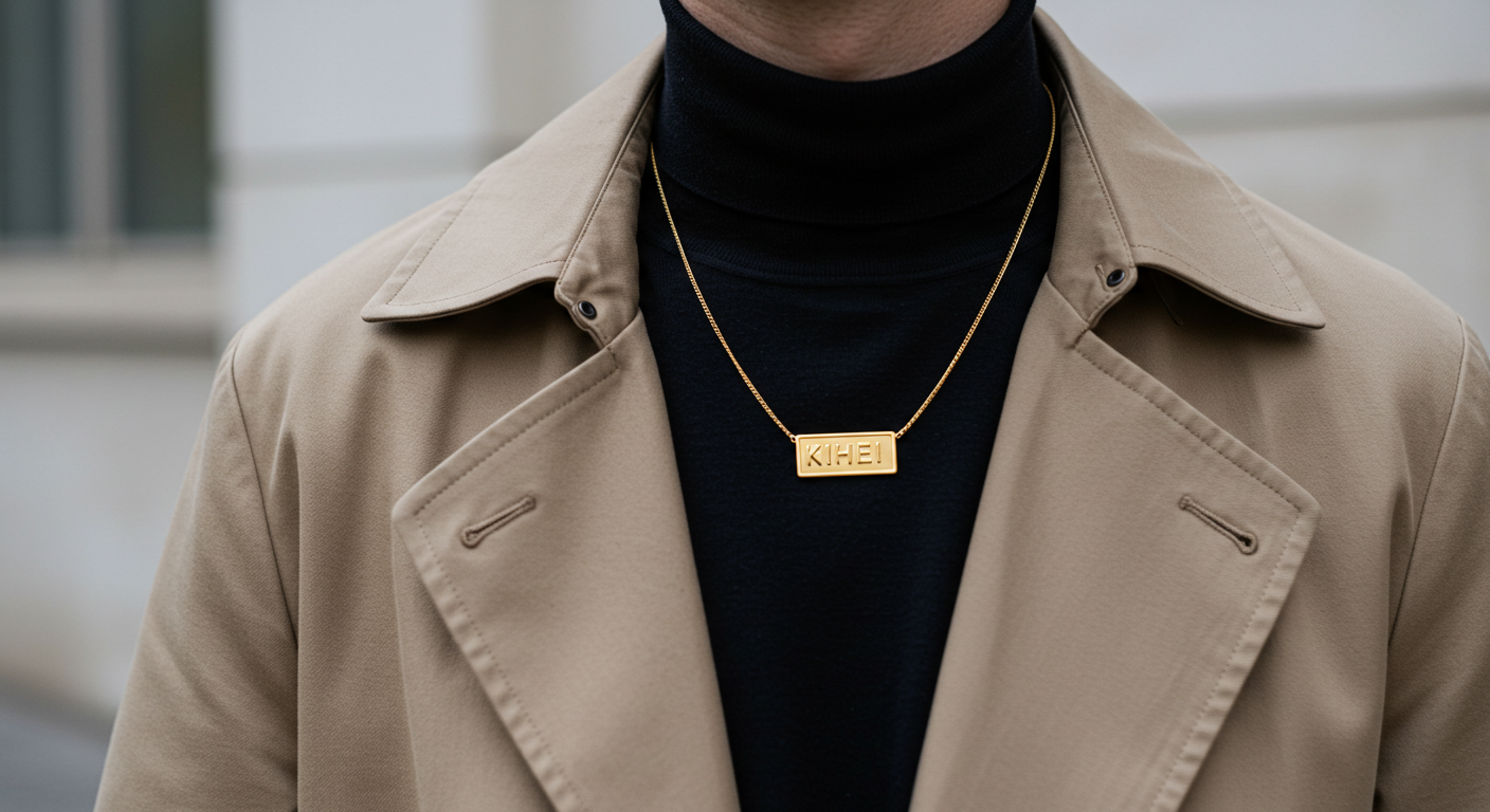 コートにネックレスの男性